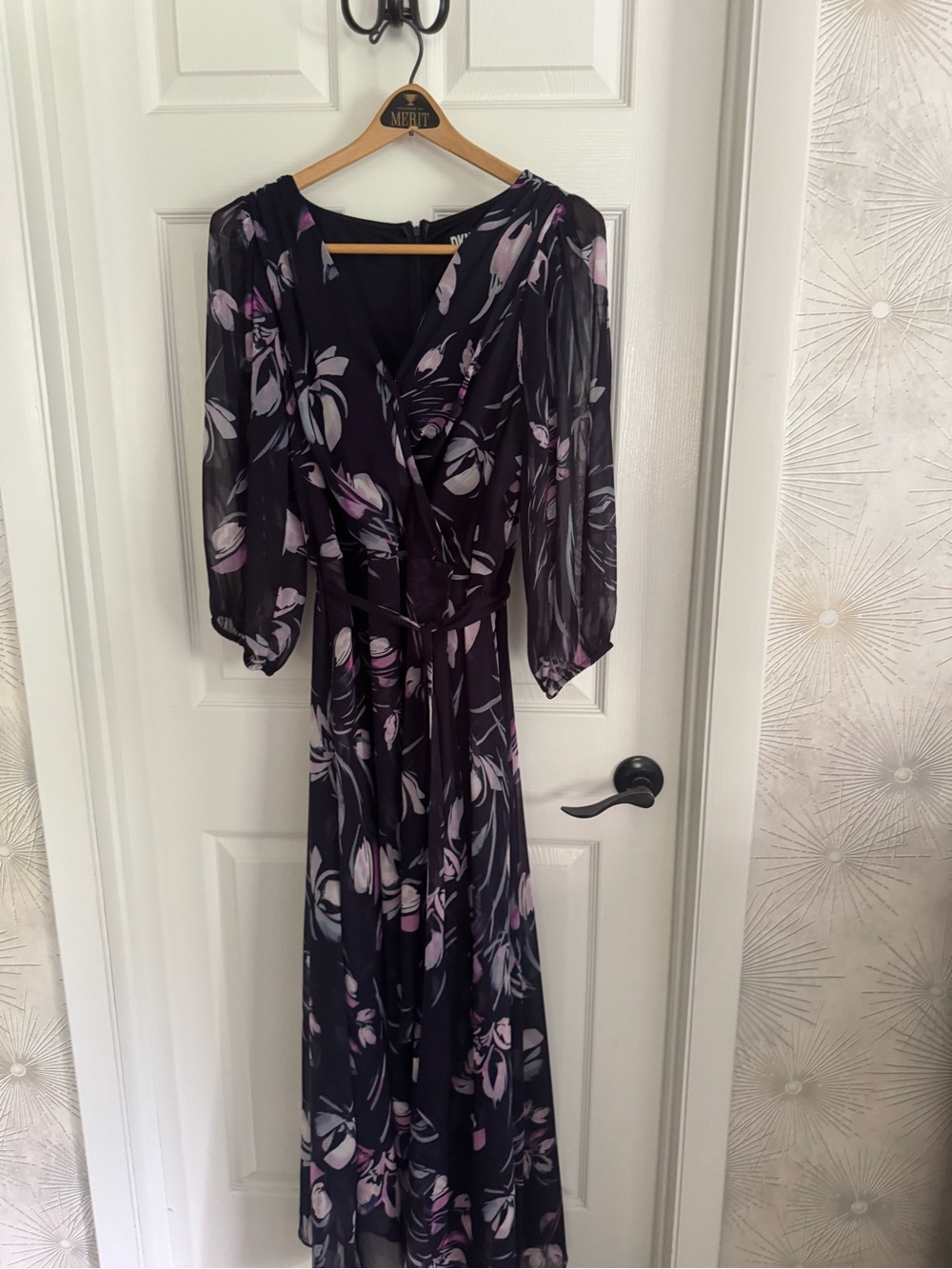 DKNYC Navy Floral Wrap Maxi Dress with Lavender and Pink Accents